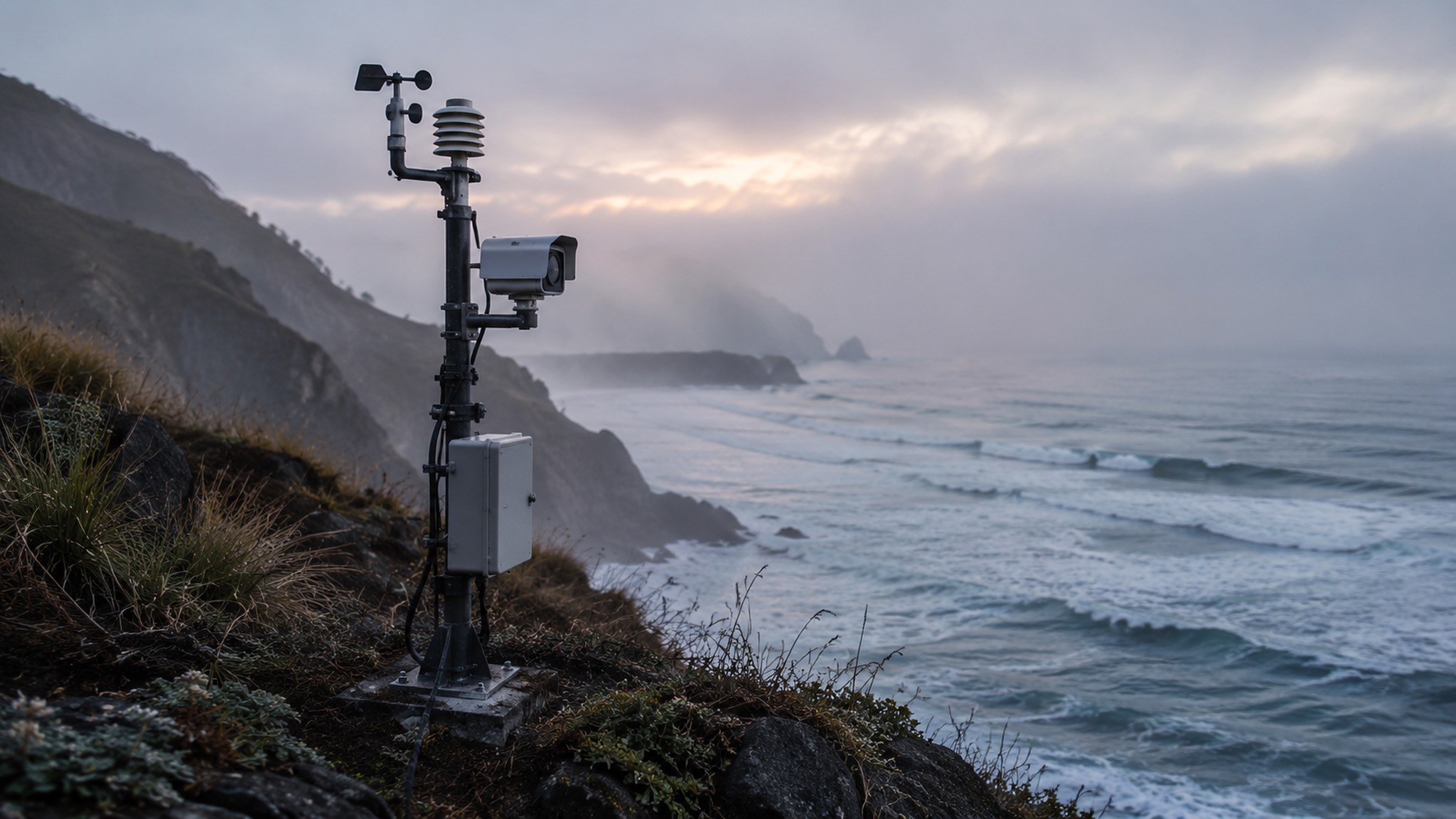 Editorial concept of a camera and environmental sensor station above a coastal bluff